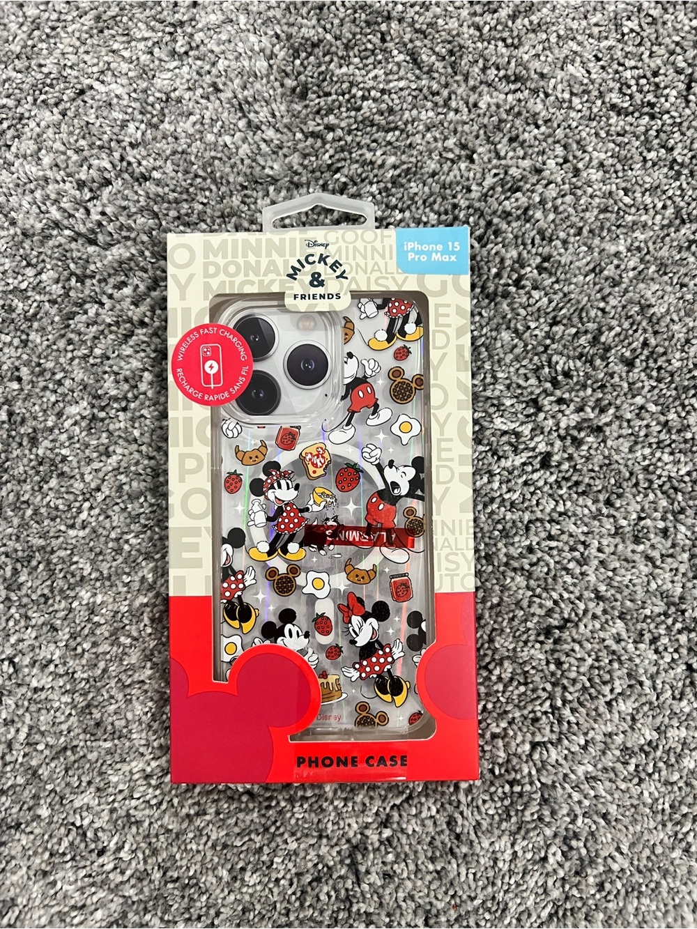 Clear Mickey Minnie Disney Snacks iPhone 15 Pro Max Case with Red Accents